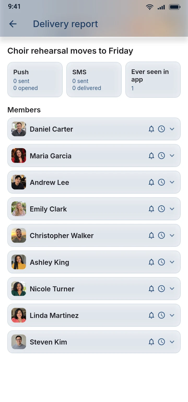 The delivery report listing every member with the status of their notification