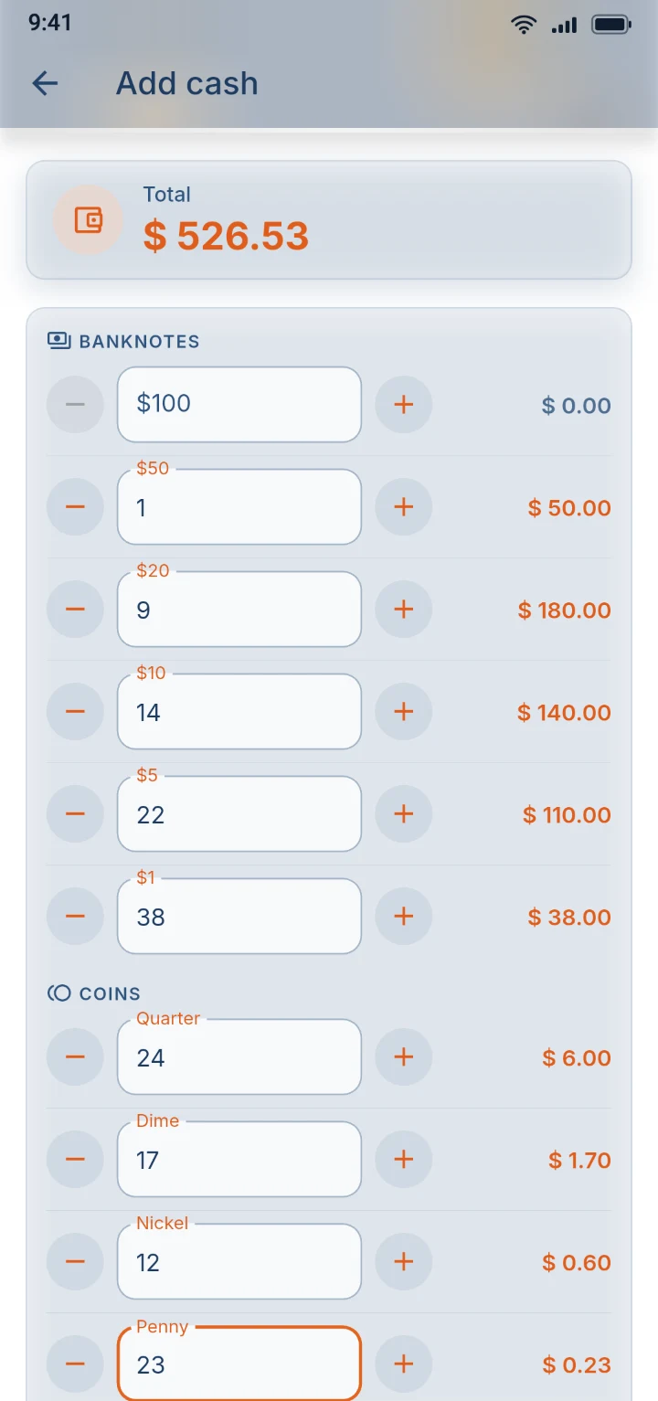 The counting screen listing banknotes and coins with a pinned total