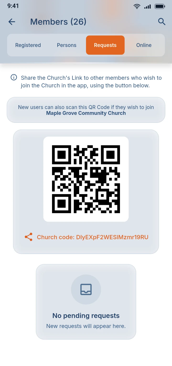 The app showing a church QR code and its Church Code