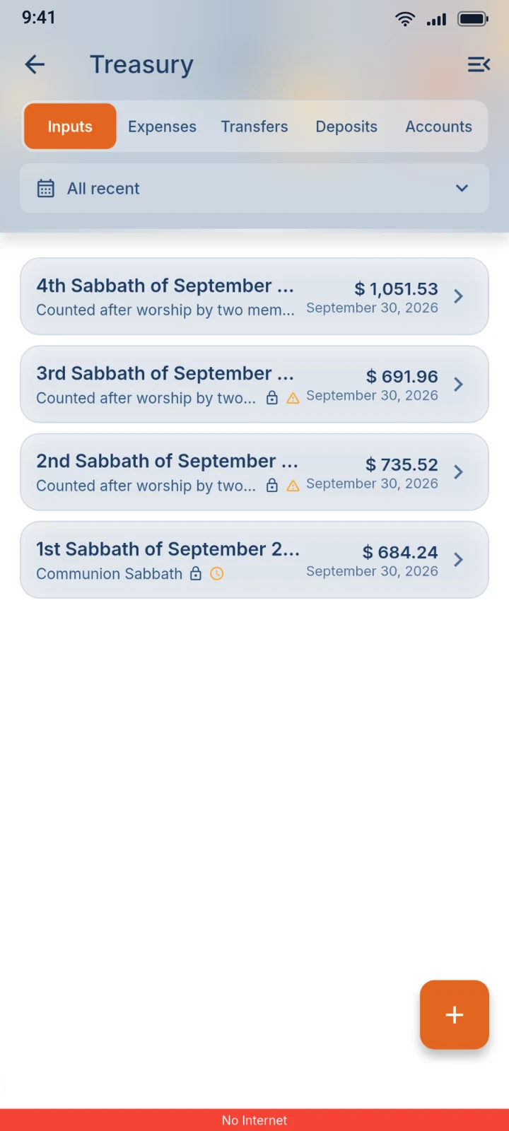 The Treasury screen still showing September's offering sessions, with the app's red No Internet bar at the bottom