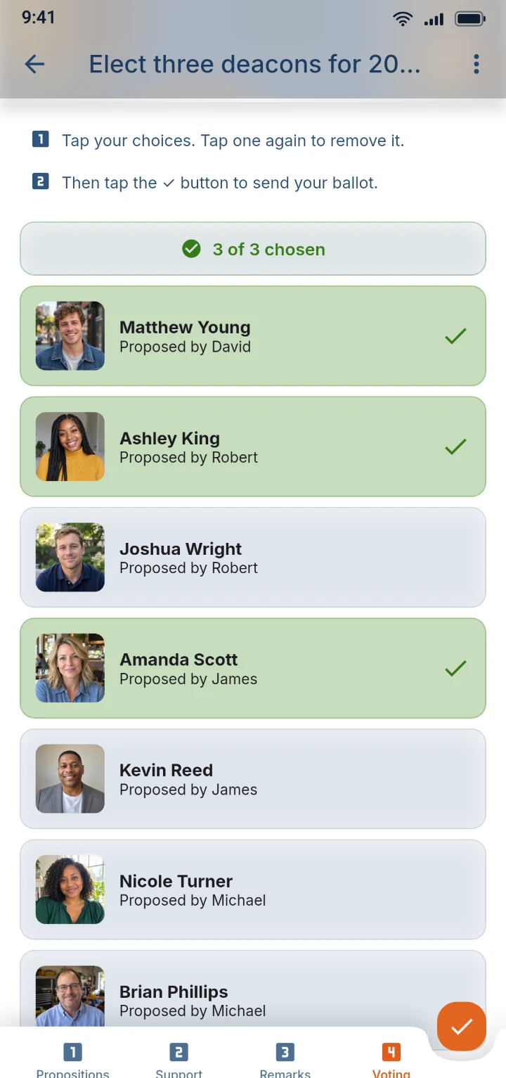 A ballot with three chosen names and the numbered steps: propose, support, remarks, voting