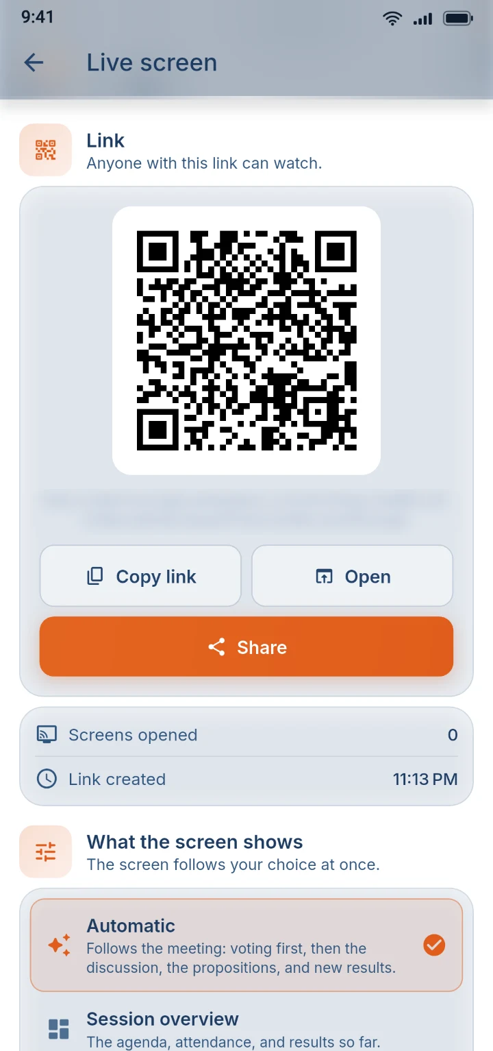 The Live screen page in the app, with a QR code and a link to share