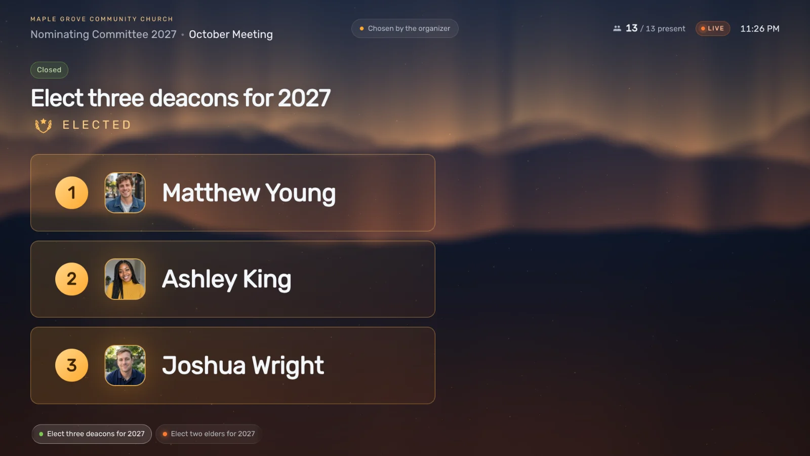 The live meeting screen showing the three elected names with their photos