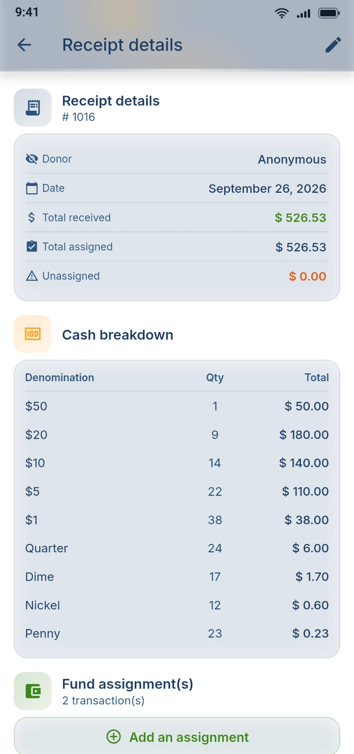 A receipt ready to print, with its breakdown of notes and coins