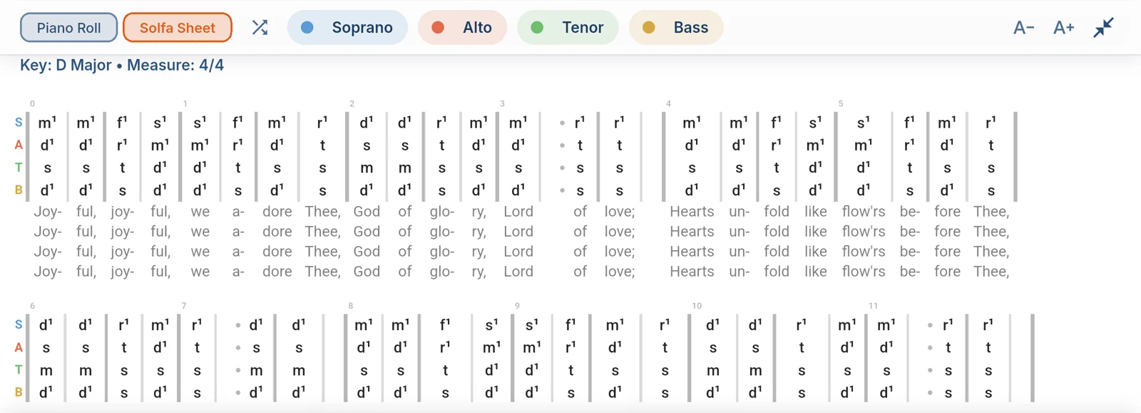 The whole hymn on one landscape screen: four voice parts in sol-fa, with the words underneath