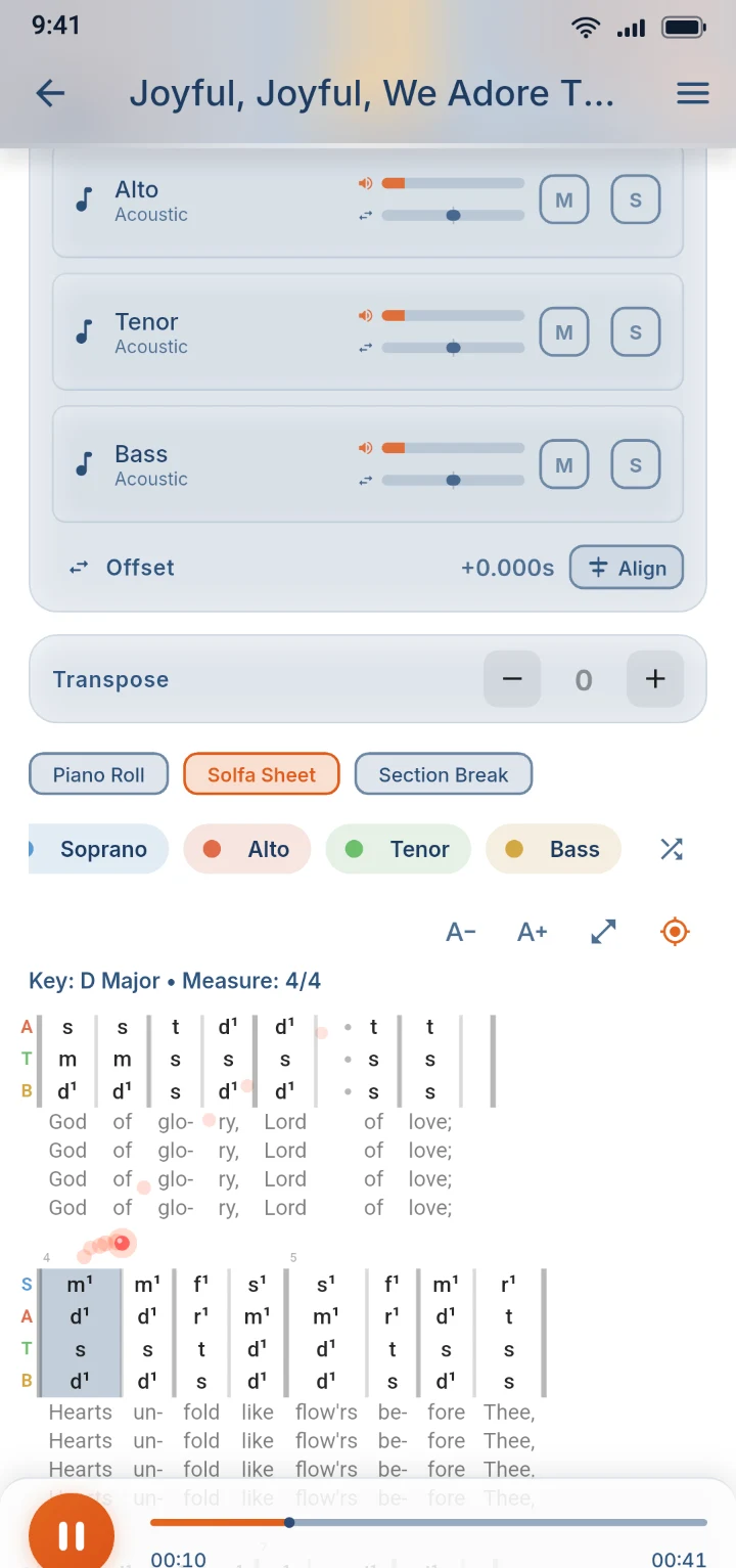 The tonic sol-fa sheet following the music, with the current bar highlighted