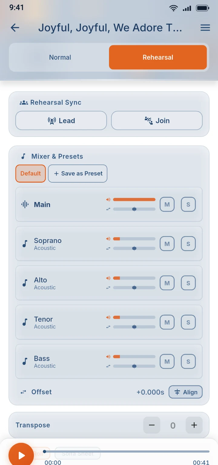 The Rehearsal tab with Lead and Join for syncing phones, and a mixer for each voice part